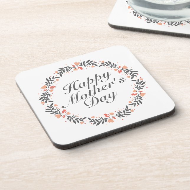 Elegant Happy Mother's Day Floral Wreath Coaster (Left Side)