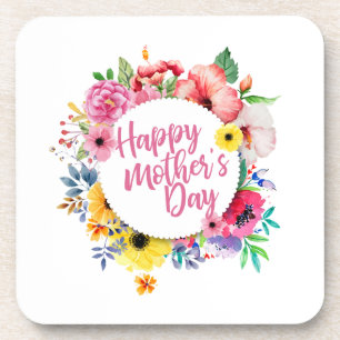 Elegant Happy Mother's Day Floral Wreath Coaster