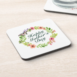 Elegant Happy Mother's Day Floral Wreath Coaster