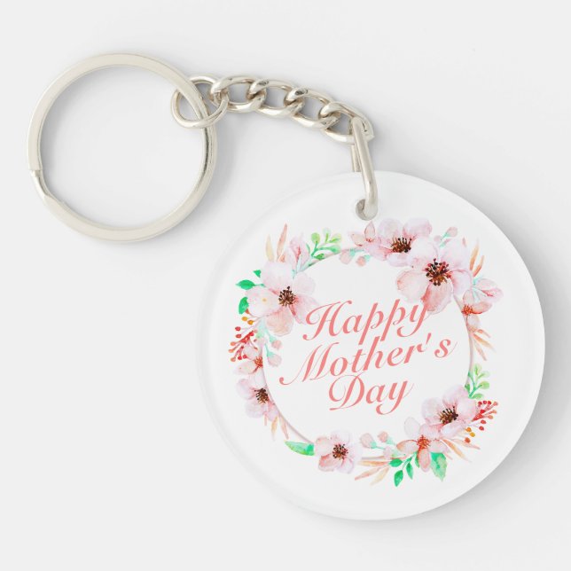 Elegant Happy Mother's Day Floral Wreath Keychain (Front)