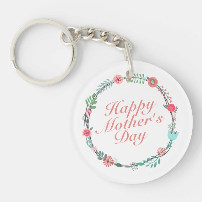 Elegant Happy Mother's Day Floral Wreath Keychain (Front)