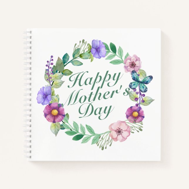 Elegant Happy Mother's Day Floral Wreath Notebook (Front)