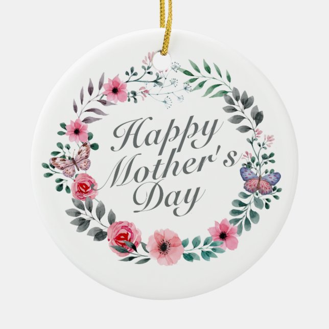 Elegant Happy Mother's Day Floral Wreath Ornament (Front)