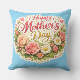 Elegant happy Mother's Day floral wreath Throw Pillow
