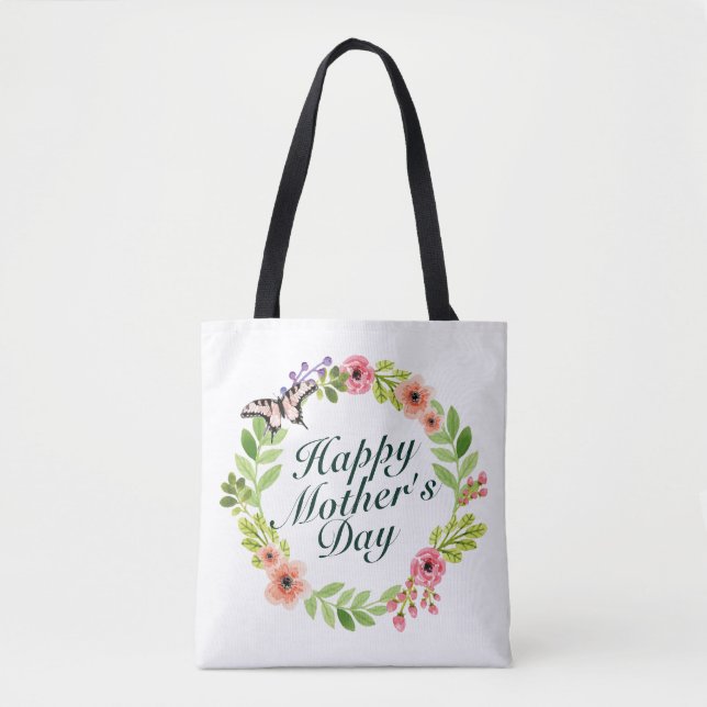 Elegant Happy Mother's Day Floral Wreath Tote Bag (Front)