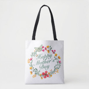 Elegant Happy Mother's Day Floral Wreath Tote Bag