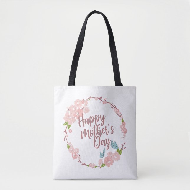 Elegant Happy Mother's Day Floral Wreath Tote Bag (Front)