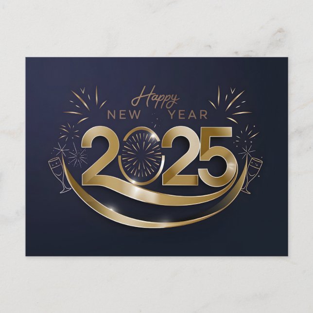 Elegant Happy New Year 2025 Fireworks Holiday Postcard (Front)