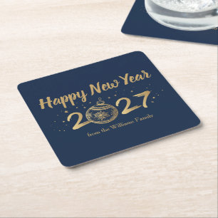 Elegant Happy New Year 2027 Personalized Square Paper Coaster