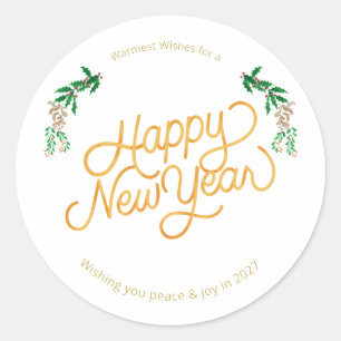 Elegant Happy New Year Holly Holiday Invitation Classic Round Sticker