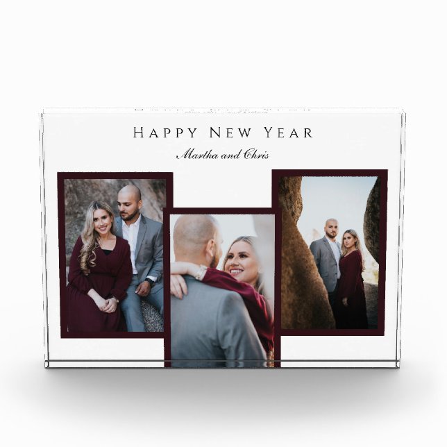 Elegant Happy New Year Script 3 Photo Collage Red (Front)