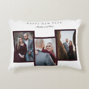Elegant Happy New Year Script 3 Photo Collage Red Accent Pillow