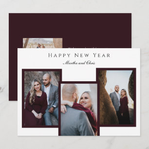 Elegant Happy New Year Script 3 Photo Collage Red Holiday Card