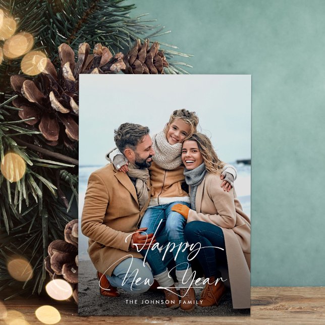 Elegant Happy New Year Script Photo Holiday Card (Creator Uploaded)