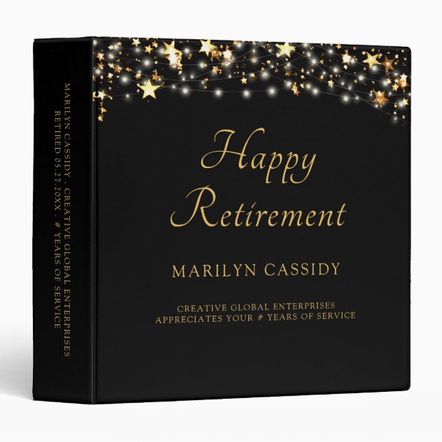 Elegant Happy Retirement Black Gold Stars Binder (Front/Spine)