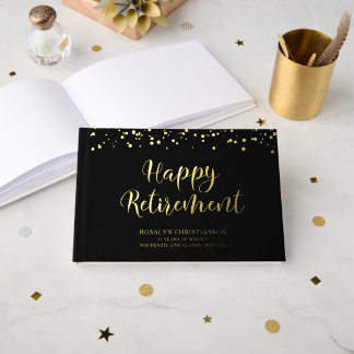 Elegant Happy Retirement Script Black Gold Guest Book