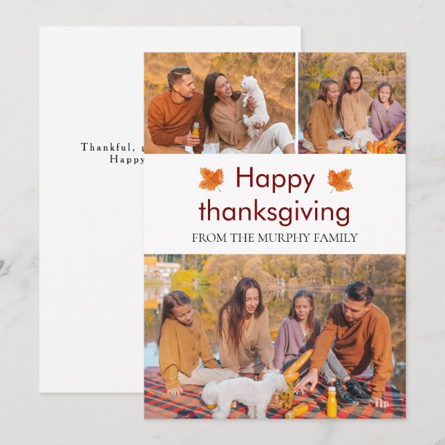 Elegant  Happy Thanksgiving Autumn Leaves 3 Photo Holiday Card (Front/Back)