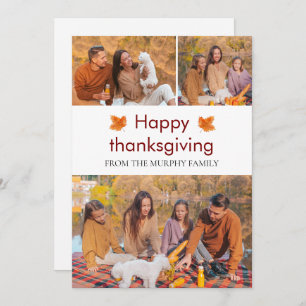 Elegant  Happy Thanksgiving Autumn Leaves 3 Photo Holiday Card