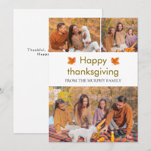 Elegant  Happy Thanksgiving Autumn Leaves 3 Photo Holiday Card