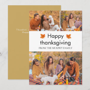 Elegant  Happy Thanksgiving Autumn Leaves 3 Photo Holiday Card