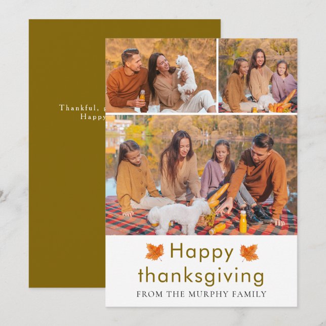 Elegant  Happy Thanksgiving Autumn Leaves 3 Photo Holiday Card (Front/Back)