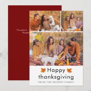 Elegant  Happy Thanksgiving Autumn Leaves 3 Photo Holiday Card