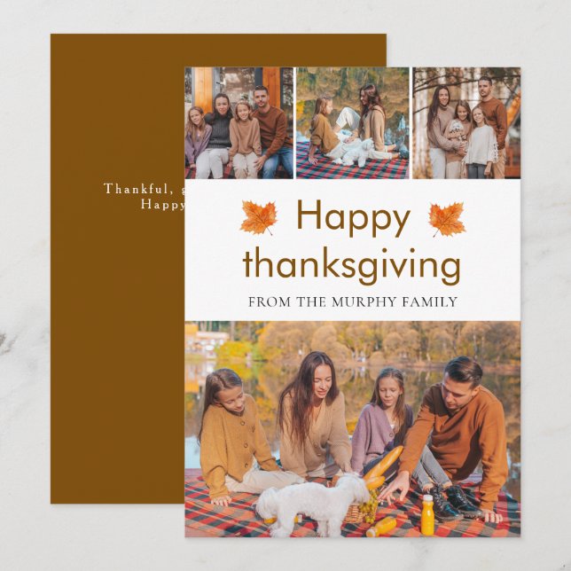 Elegant  Happy Thanksgiving Autumn Leaves 4 Photo Holiday Card (Front/Back)