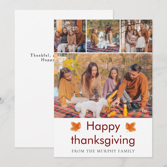 Elegant  Happy Thanksgiving Autumn Leaves 4 Photo Holiday Card (Front/Back)