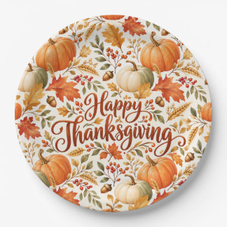 Elegant Happy Thanksgiving Fall Pumpkin & autumn Paper Plate