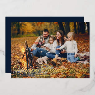 Elegant Happy Thanksgiving Script Typography Photo Foil Holiday Card