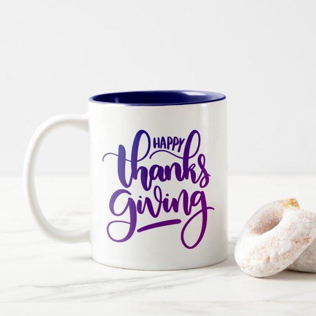Elegant Happy Thanksgiving Typography Two-Tone Coffee Mug (With Donut)