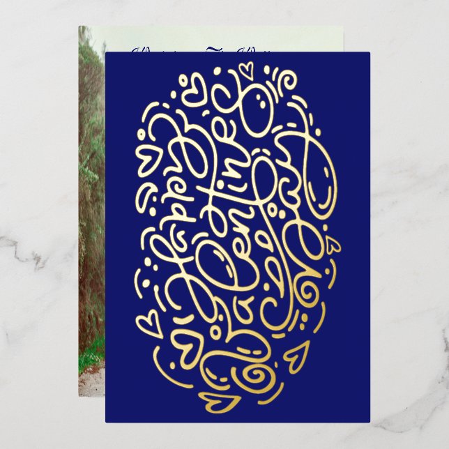 Elegant Happy Valentine's Day |Dark Blue One Photo Foil Holiday Card (Front/Back)