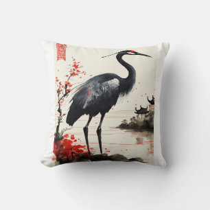 Elegant Harmony: Black and Red a crane chinnese Throw Pillow
