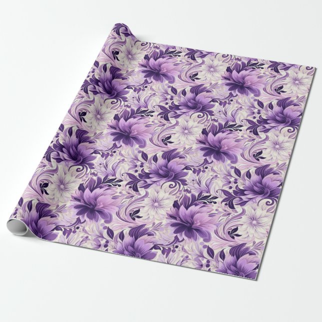 Elegant Harmony: Violet and White Flowers Wrapping Paper (Unrolled)