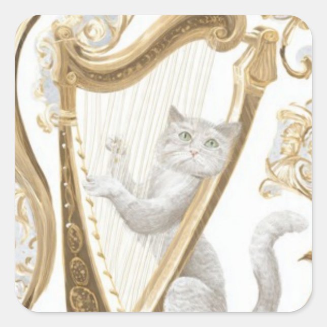 Elegant Harp Cat Sticker – Minimal Fantasy (Devant)