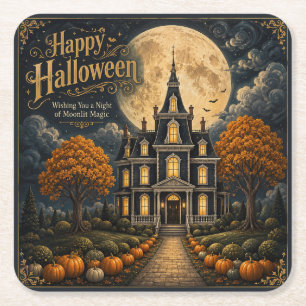 Elegant Haunted Manor Halloween Square Paper Coaster