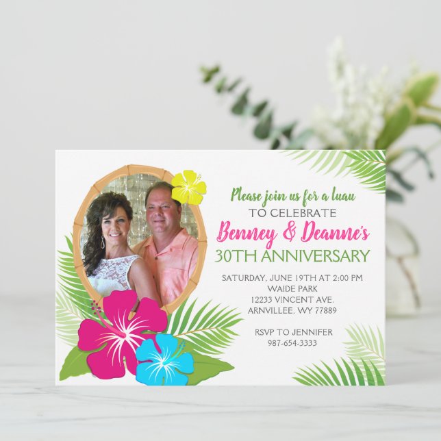 Elegant Hawaiian Luau Anniversary Photo Invitation (Standing Front)