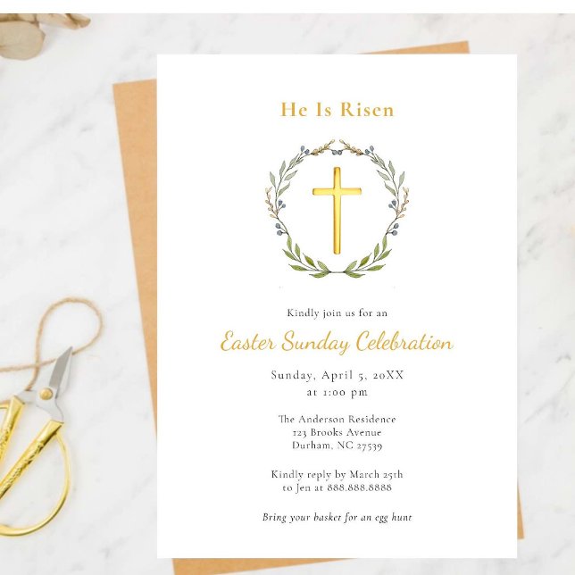 Elegant He is Risen Gold Cross Christian Easter  Invitation (Creator Uploaded)