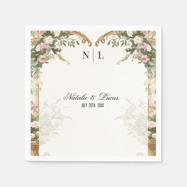Elegant Heart Arch Blush Floral and Gold Wedding Napkin (Front)