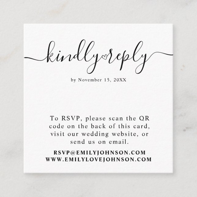 Elegant Heart Calligraphy QR Code Wedding RSVP Enclosure Card (Front)