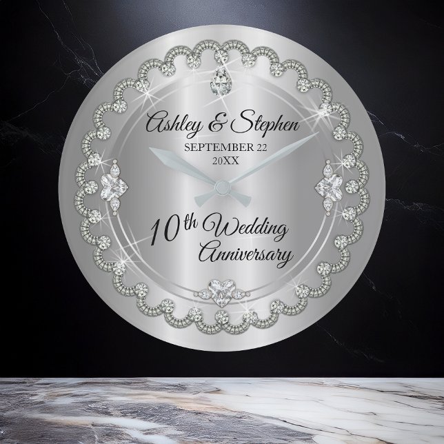 Elegant Heart Diamonds 10th Wedding Anniversary Large Clock (Elegant Heart and Printed (Faux) Diamonds 10th Wedding Anniversary Large Clock)