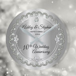 Elegant Heart Diamonds 10th Wedding Anniversary Round Clock<br><div class="desc">Opulent elegance frames this 10th wedding anniversary design in a unique scalloped diamond design with centre teardrop diamond with faux added sparkles on a tin coloured gradient. Original design by Holiday Hearts Designs (rights reserved). Please note that all embellishments are printed and are only made to appear as real as...</div>