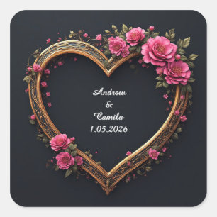 Elegant Heart Frame Decorated With Pink Roses Square Sticker
