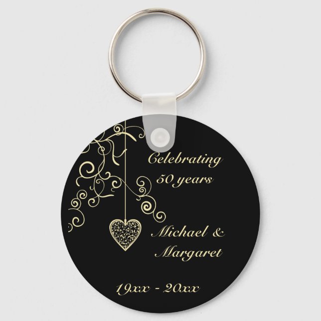 Elegant Heart Golden Wedding Anniversary Memento Keychain (Front)
