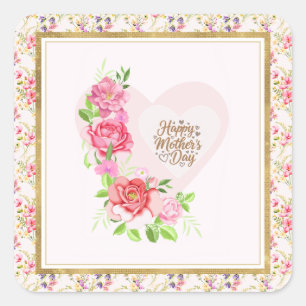 Elegant Heart Happy Mother’s Day – Rose Floral Square Sticker