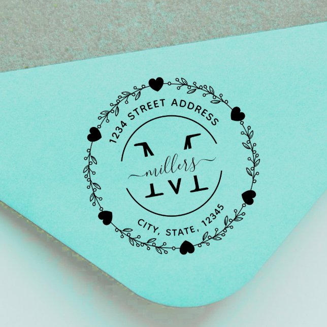 Elegant heart Monogram Wreath Return Address  Rubber Stamp (Creator Uploaded)