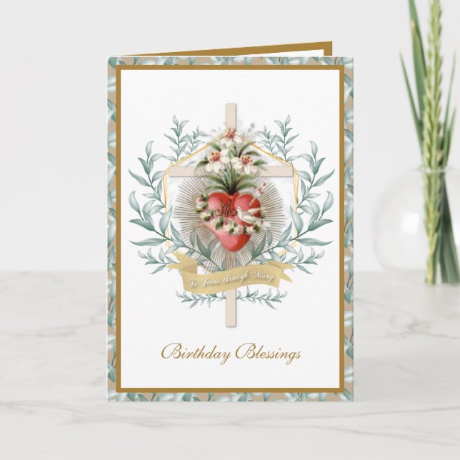 Elegant Heart of  Virgin Mary Cross Floral Card (Front)