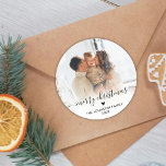 Elegant Heart Script Family Photo Merry Christmas  Classic Round Sticker<br><div class="desc">Elegant Whimsical "Merry Christmas"  Script Calligraphy Family Photo Holiday Round Sticker. Features Photo template,  family name,  year and a little cute heart motif. Great for Mailing Accessories Envelope Seals and Gift Stickers.</div>