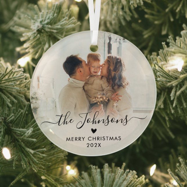 Elegant Heart Script Family Photo Merry Christmas Glass Ornament (Insitu)