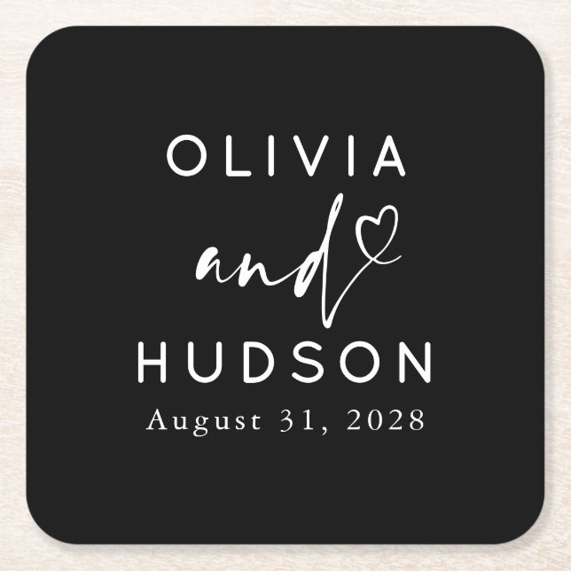 Elegant Heart Script Wedding Or Rehearsal Dinner Square Paper Coaster (Front)